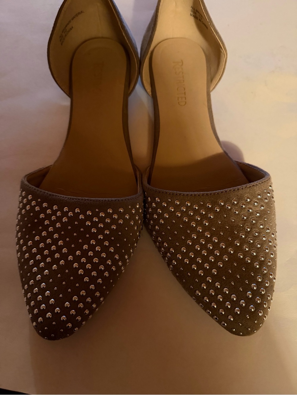 Restricted Taupe Studded Pointed Flats, Size 10